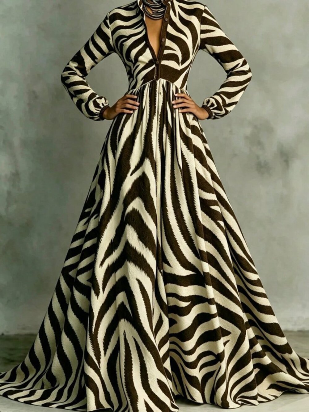 Brown Casual Women's Belted Pocket Roll Up Sleeve High Waist A-Line Maxi Dress - Picture 3 of 5
